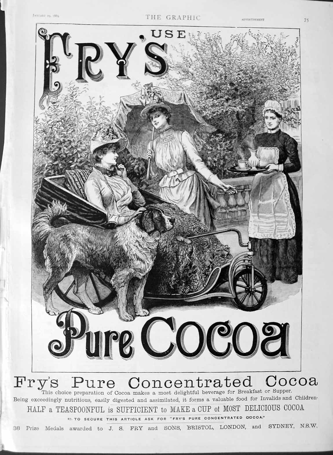 Old Antique Print 1889 Advertisement Frys Concentrated Pure Cocoa Drink 19th