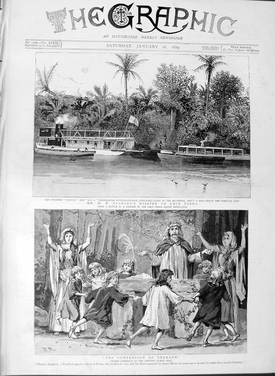Original Old Antique Print 1889 Sacred Tableaux Croydon Hall Stanley Emin Pasha