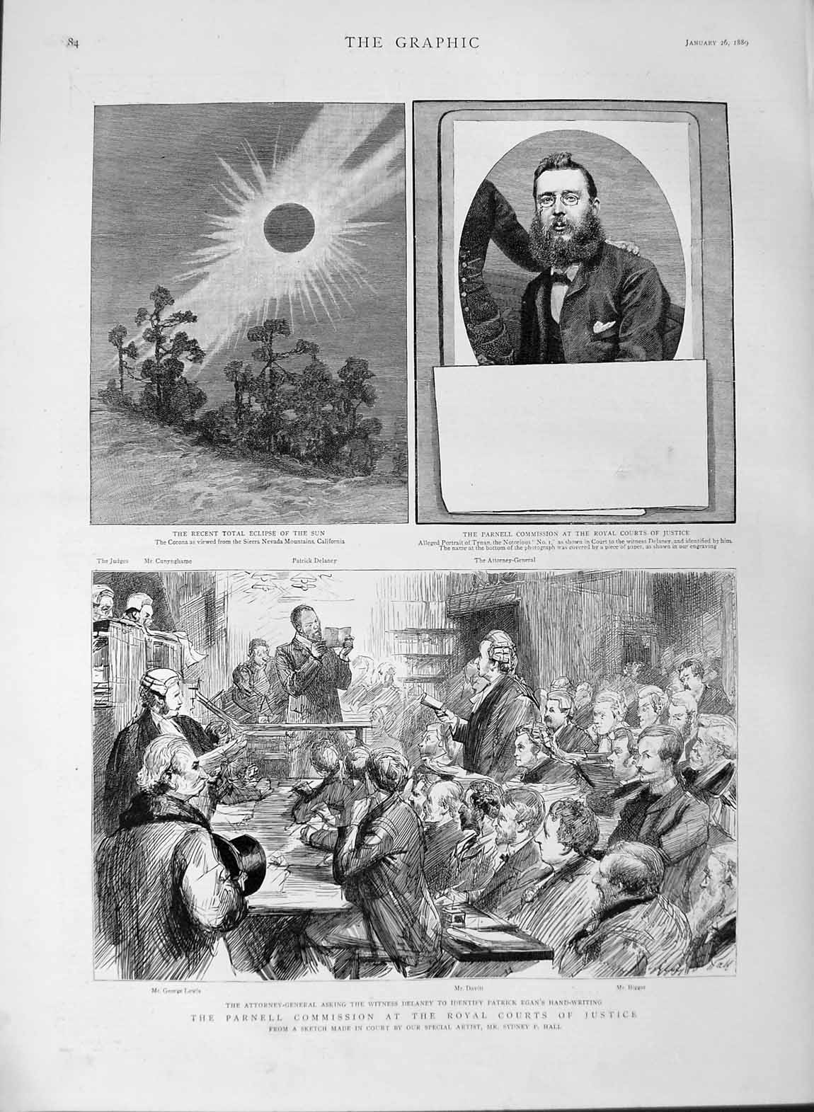 Old Antique Print 1889 Parnell Commission Court Eclipse Sun Sierra Nevada 19th