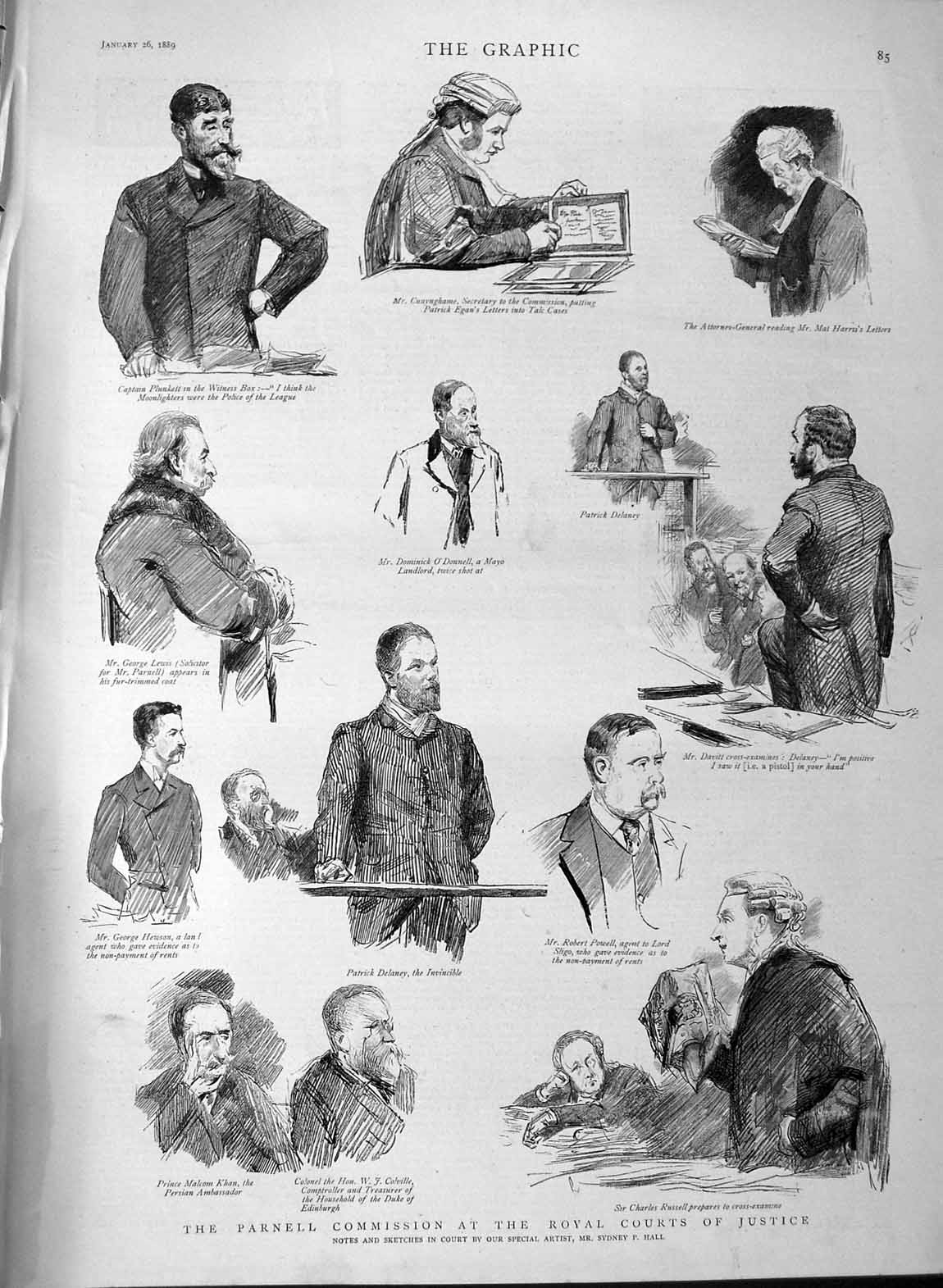 Original Old Antique Print 1889 Parnell Commission Royal Courts Justice Powell