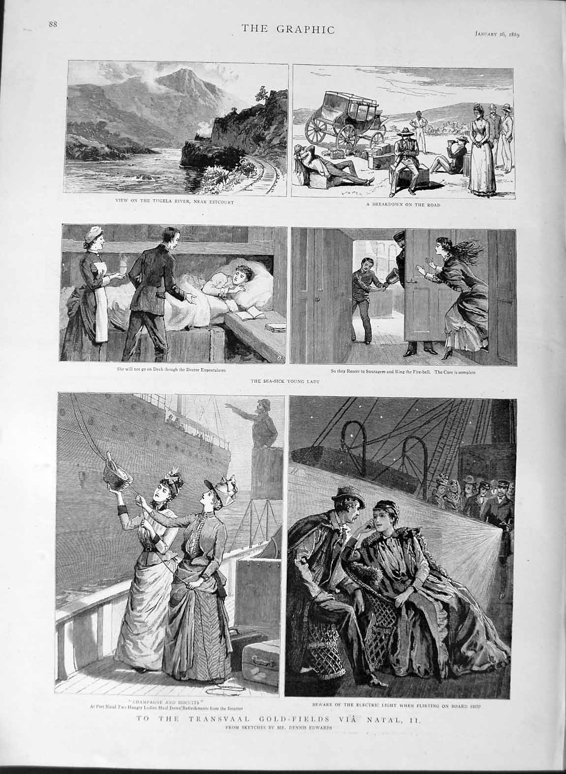 Original Old Antique Print 1889 Transvaal GFields Natal Ship Tugela River 19th