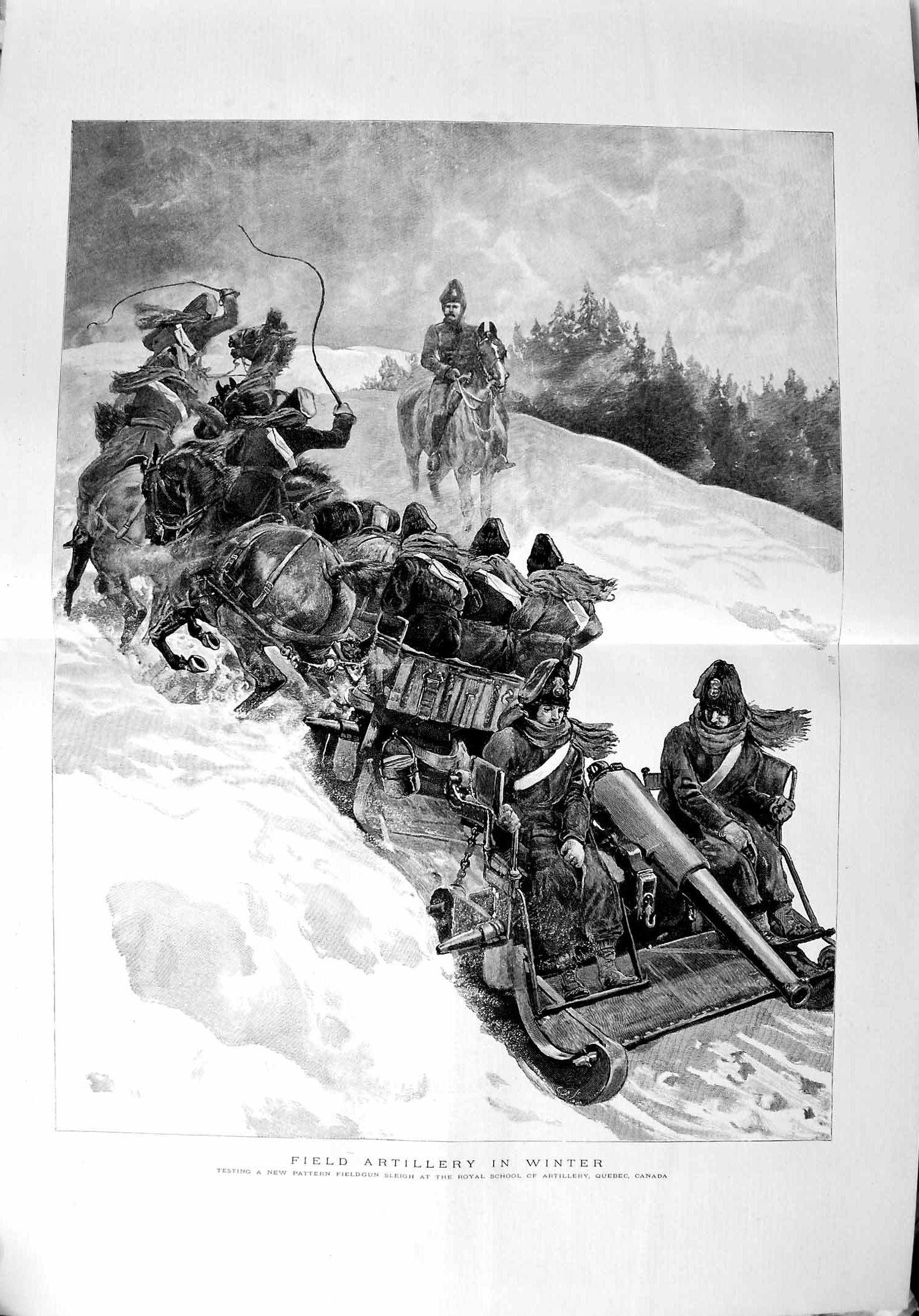 Old Antique Print 1889 War Artillery Winter Field-Gun Sleigh Canada Army 0 19th