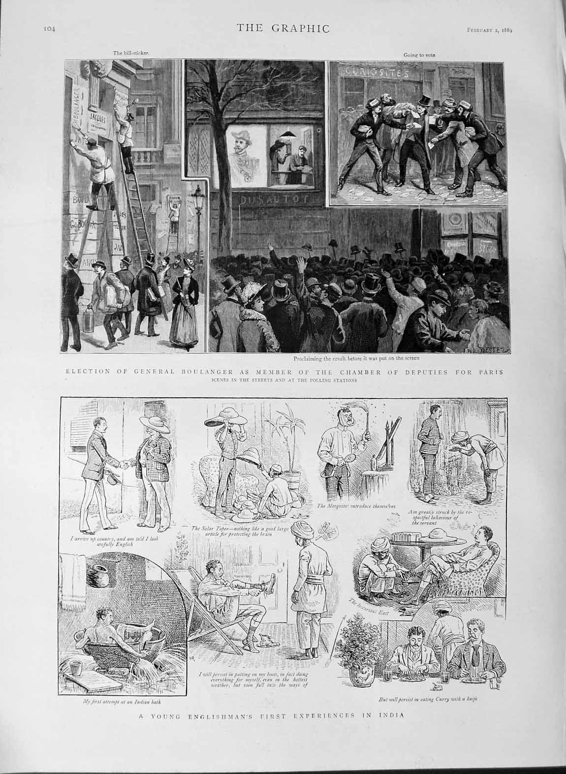 Old Antique Print 1889 English Man China Boulanger Election Paris Polling 19th