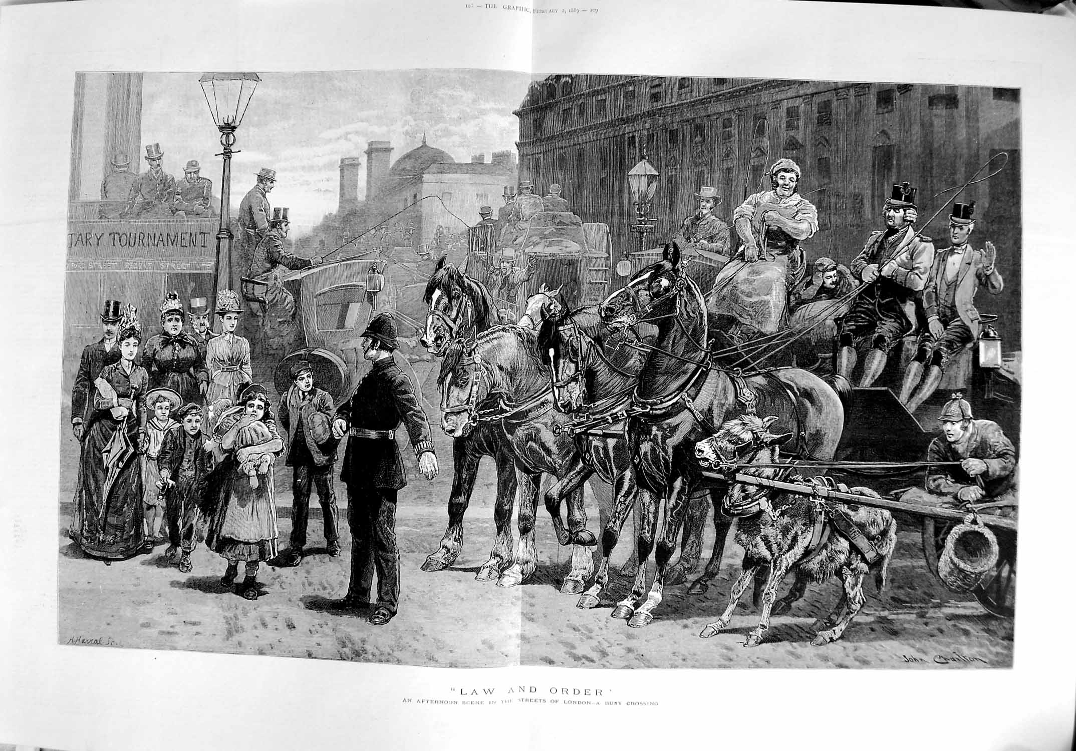 Old Antique Print 1889 Afternoon Scene Streets London Policeman Horses 19th