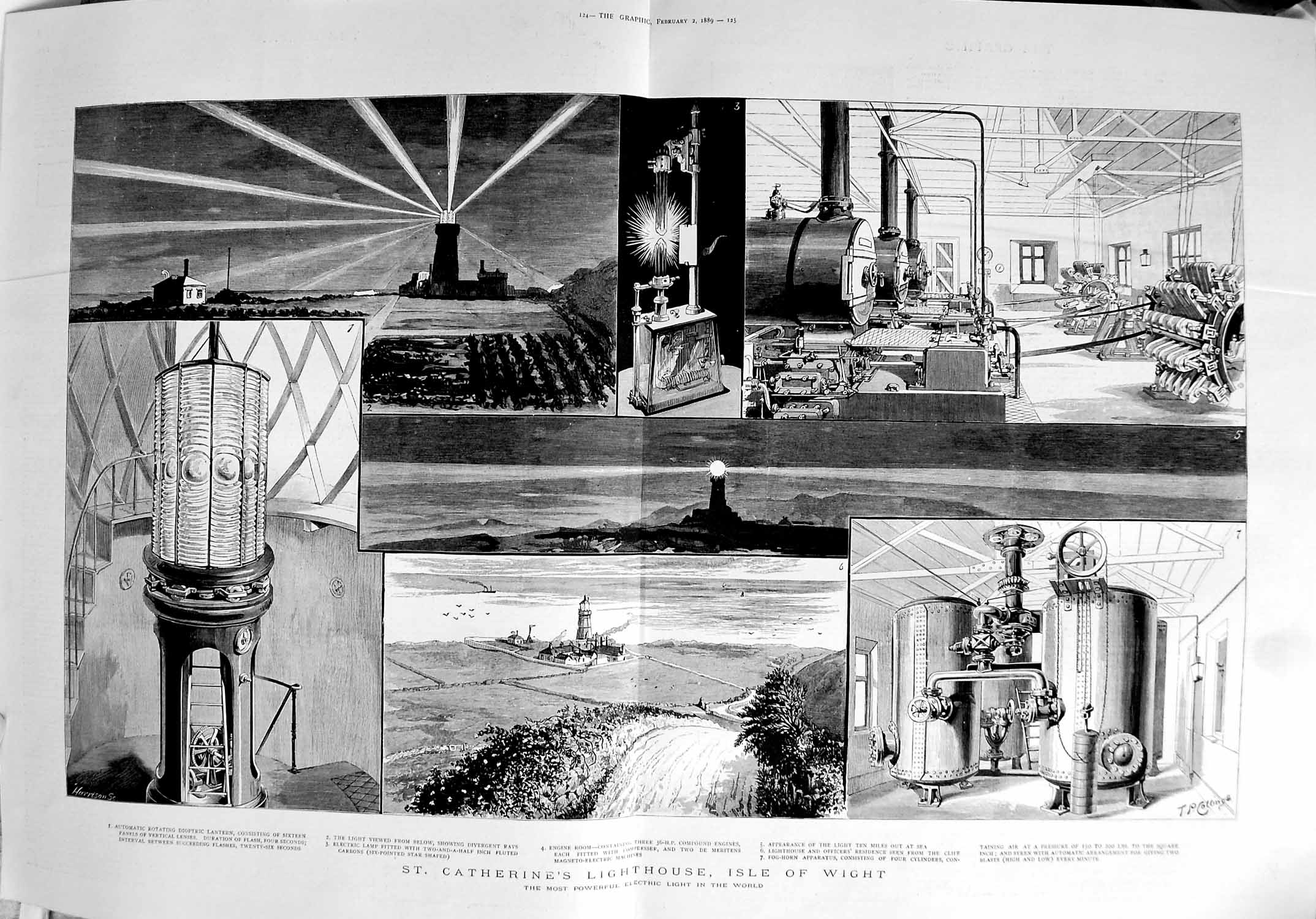 Old Antique Print 1889 Catherine'S Lighthouse Isle Wight Electric Light 19th