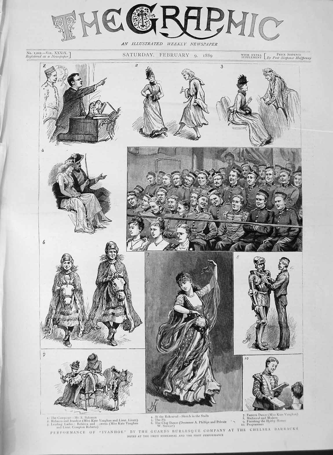 Old Antique Print 1889 Ivanhoe Guards Burlesque Chelsea Barracks Theatre 19th