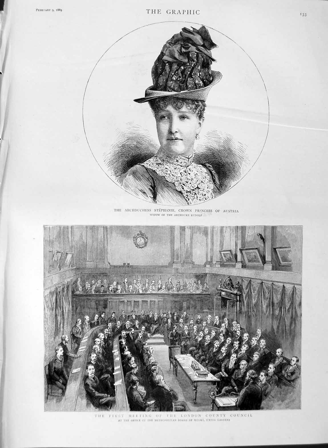 Original Old Antique Print 1889 Princess Stephanie Austria London Council Works