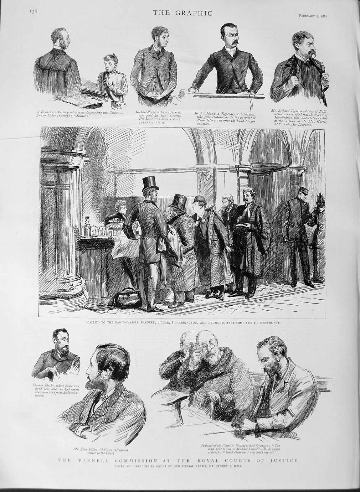 Original Old Antique Print 1889 Parnell Commission Royal Courts Justice Biggar