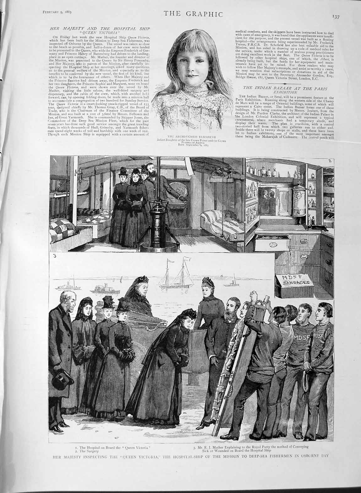Original Old Antique Print 1889 Archduchess Elizabeth Queen Victoria Hospit 19th