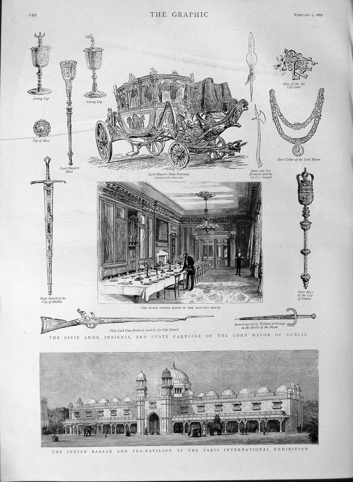 Original Old Antique Print 1889 Indian Bazaar Paris Exhibition Dublin Carriage