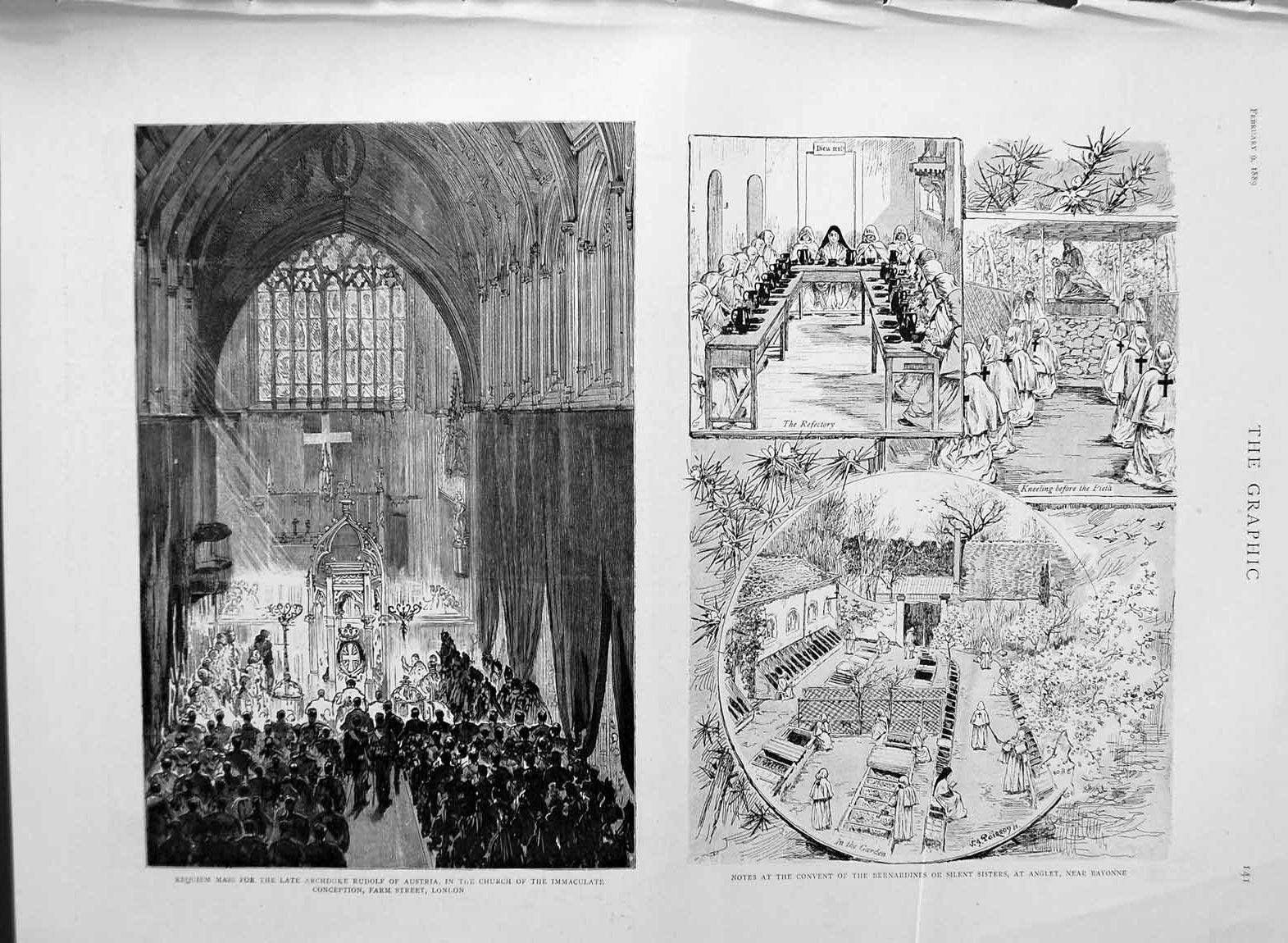 Old Antique Print 1889 Requim Rudolf Austria Church Convent Bayonne Nuns 19th