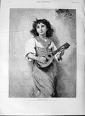 Original Old Antique Print 1889 Portrait Beautiful Girl Mandolinata Patry 19th