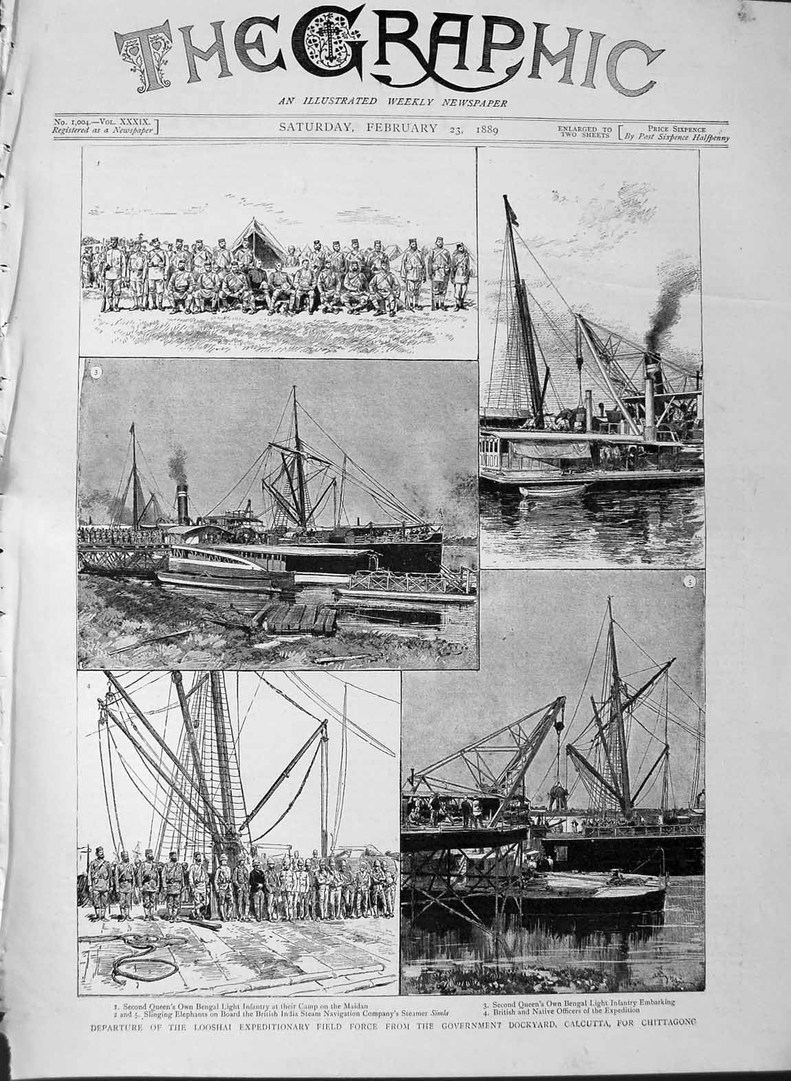 Old Antique Print 1889 Ship Looshai Field Force Calcutta Chittagong War 19th