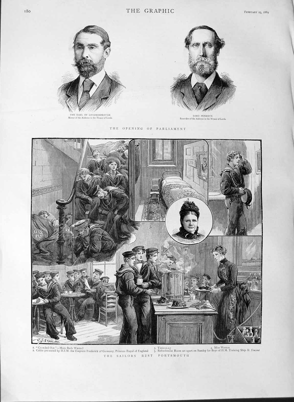 Old Antique Print 1889 Sailors Rest Portsmouth Earl Londesborough Penrhyn 19th