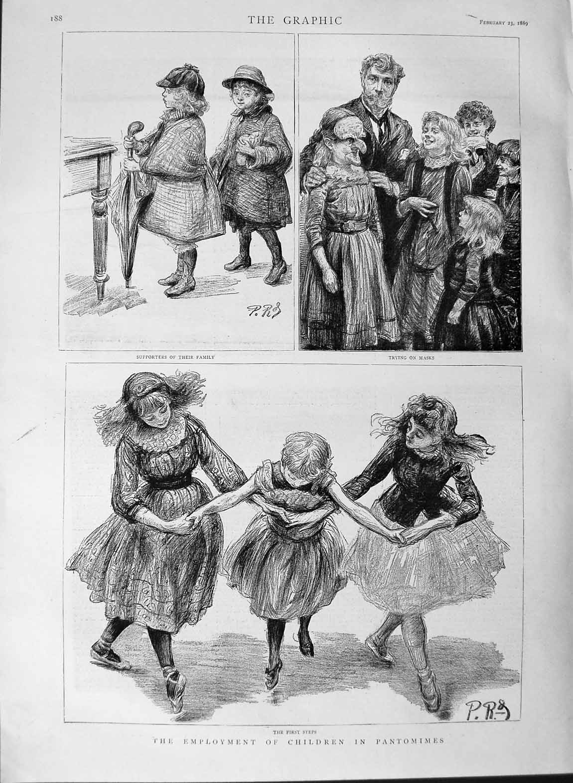 Original Old Antique Print 1889 Children Pantomimes Costumes Dancing Victorian