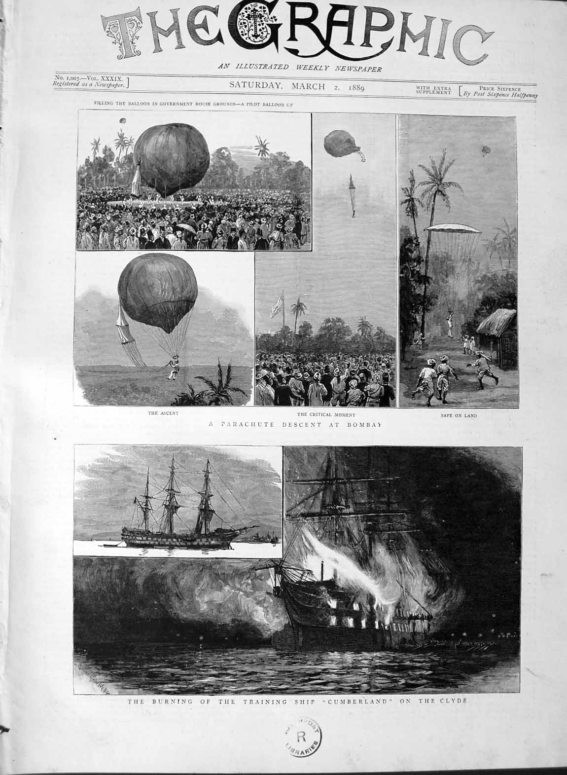 Original Old Antique Print 1889 Fire Training Ship Cumberland Clyde Balloon 19th