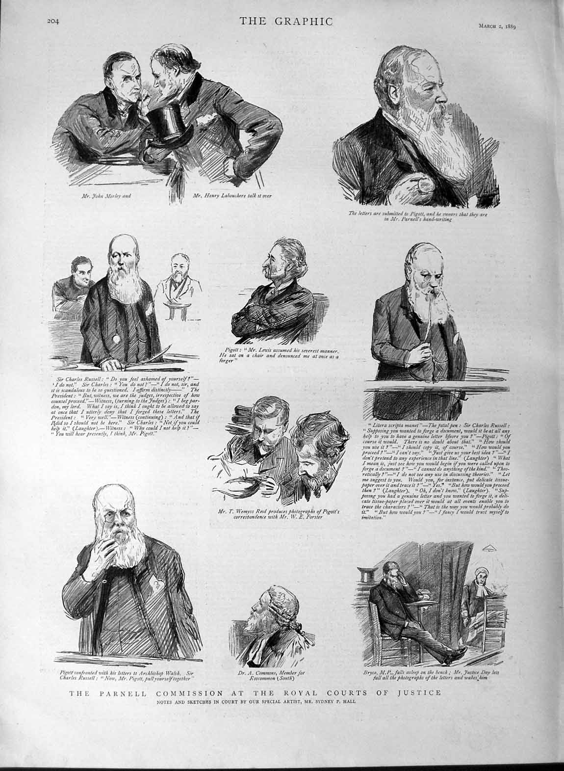 Original Old Antique Print 1889 Parnell Commission Royal Courts Justice Pigott