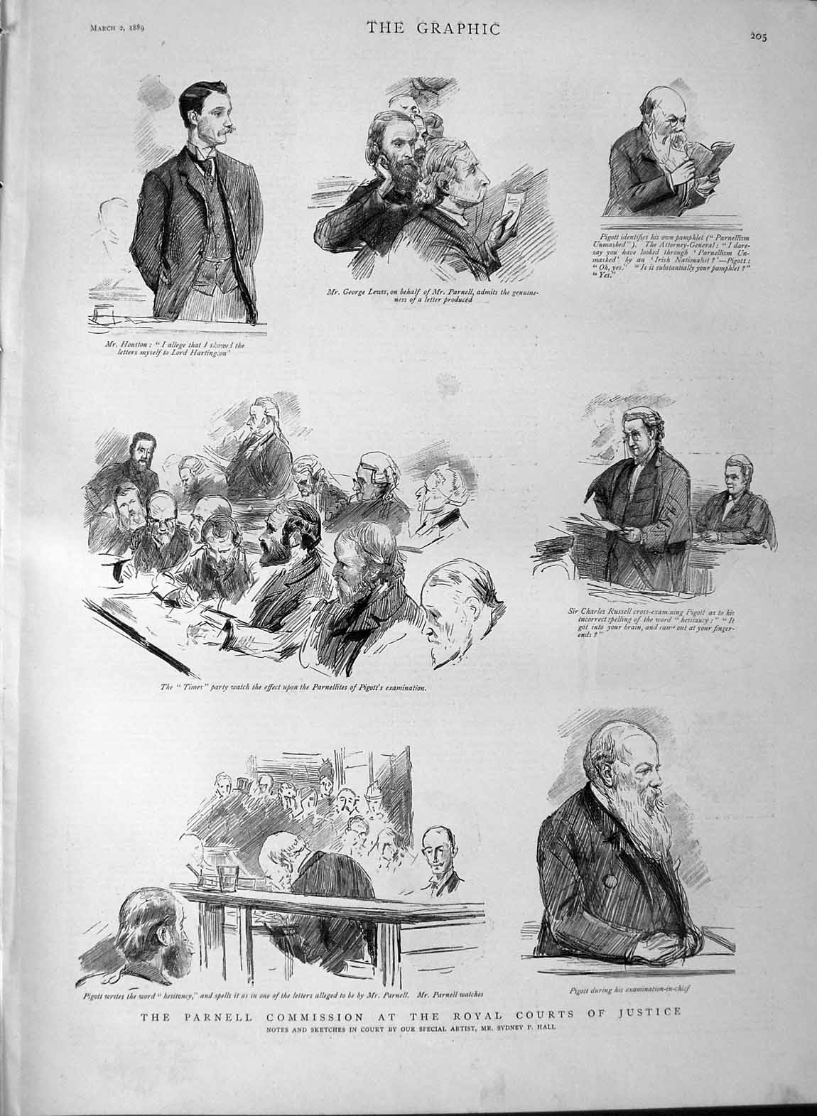 Original Old Antique Print 1889 Parnell Commission Royalcourts Justice Pigott
