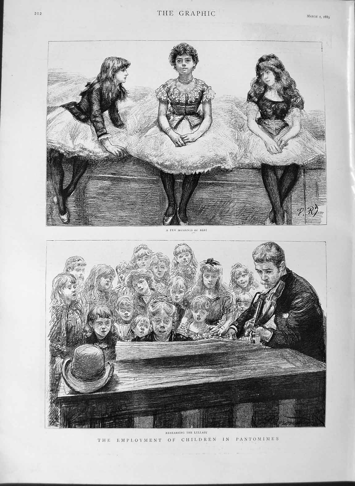 Original Old Antique Print 1889 Children Pantomimes Music Singing Costumes 19th
