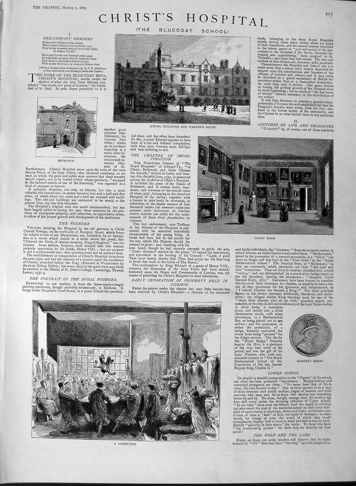 Original Old Antique Print 1889 Christ'S Hospital Bluecoat School Childre 19th