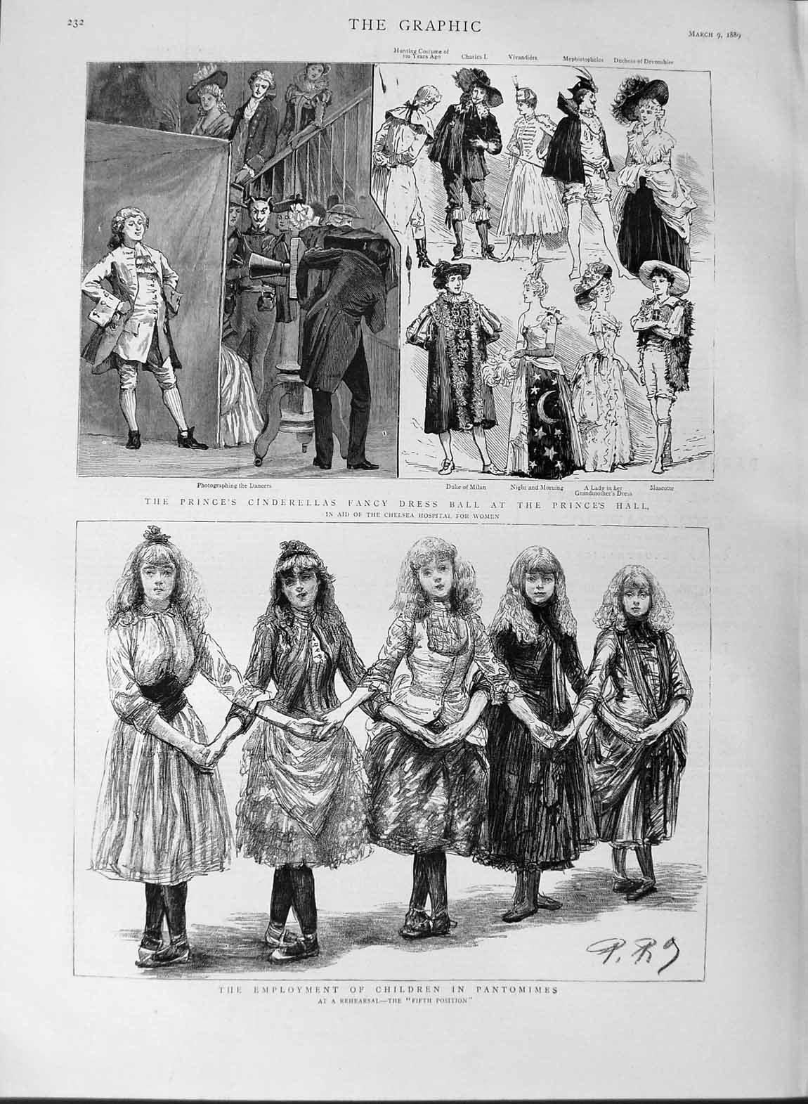 Old Antique Print 1889 Children Pantomimes Cinderella Fancy Dress Princes 19th