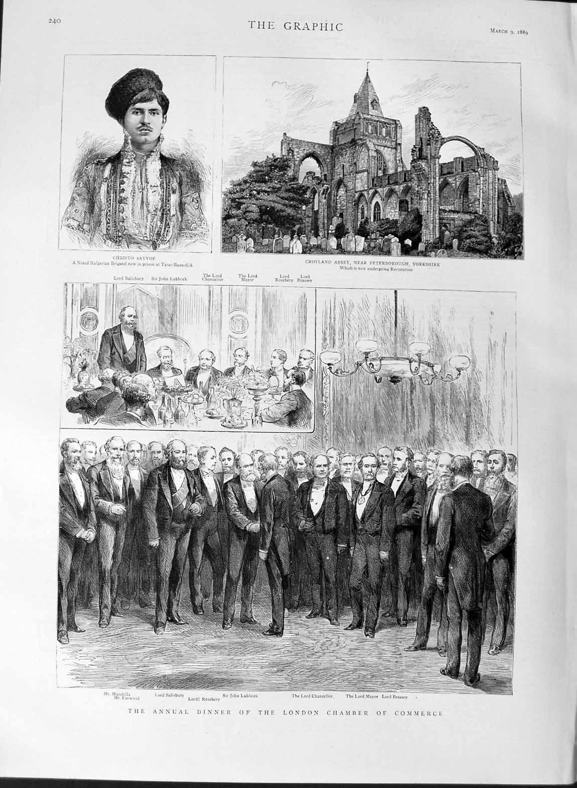 Original Old Antique Print 1889 Dinner London Chamber Commerce Croyland Abbey