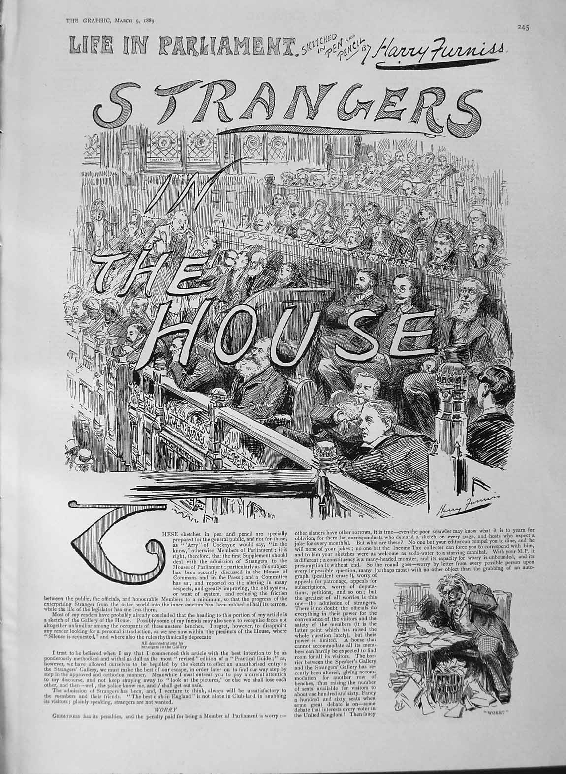 Old Antique Print 1889 Scenes Parliament Strangers In The House Furniss 19th