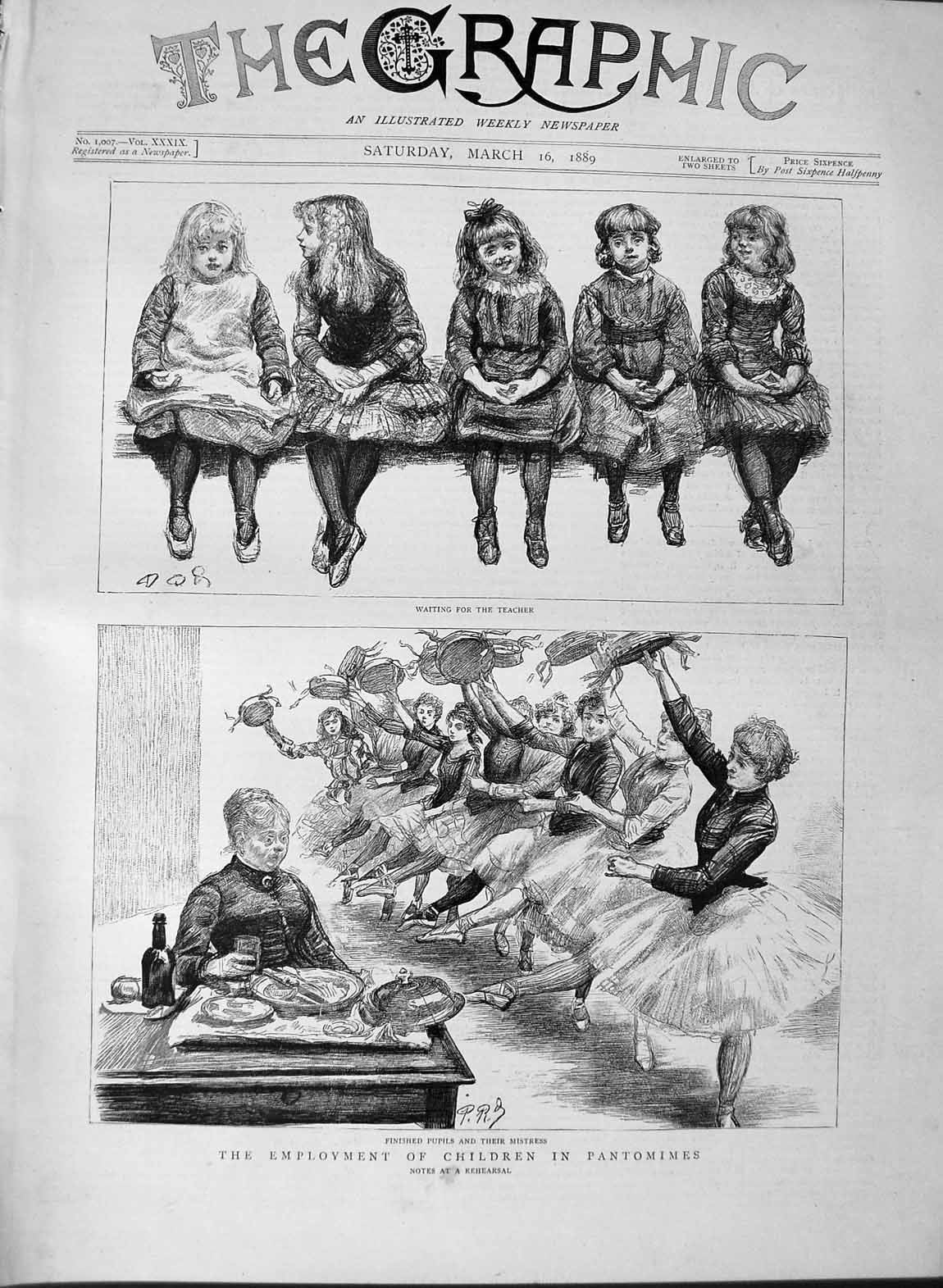 Old Antique Print 1889 Employment Children Pantomimes Rehearsal Teacher 19th