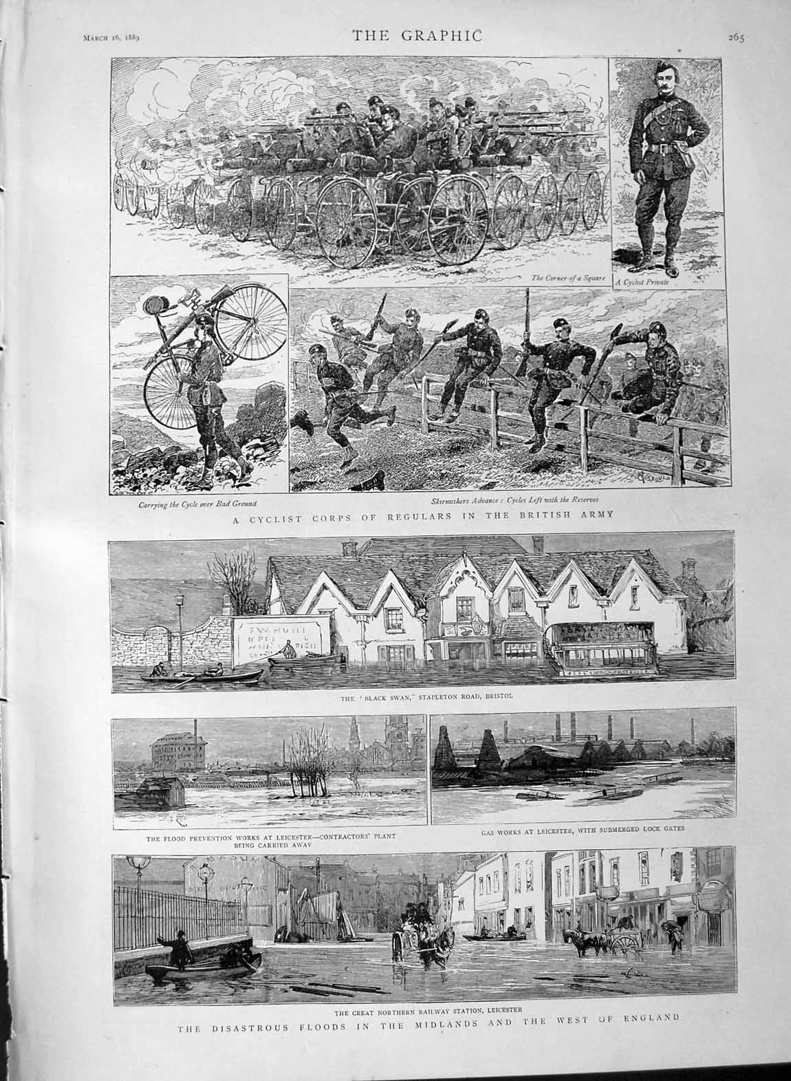 Original Old Antique Print 1889 Floods England Liecester British Army Cycli 19th