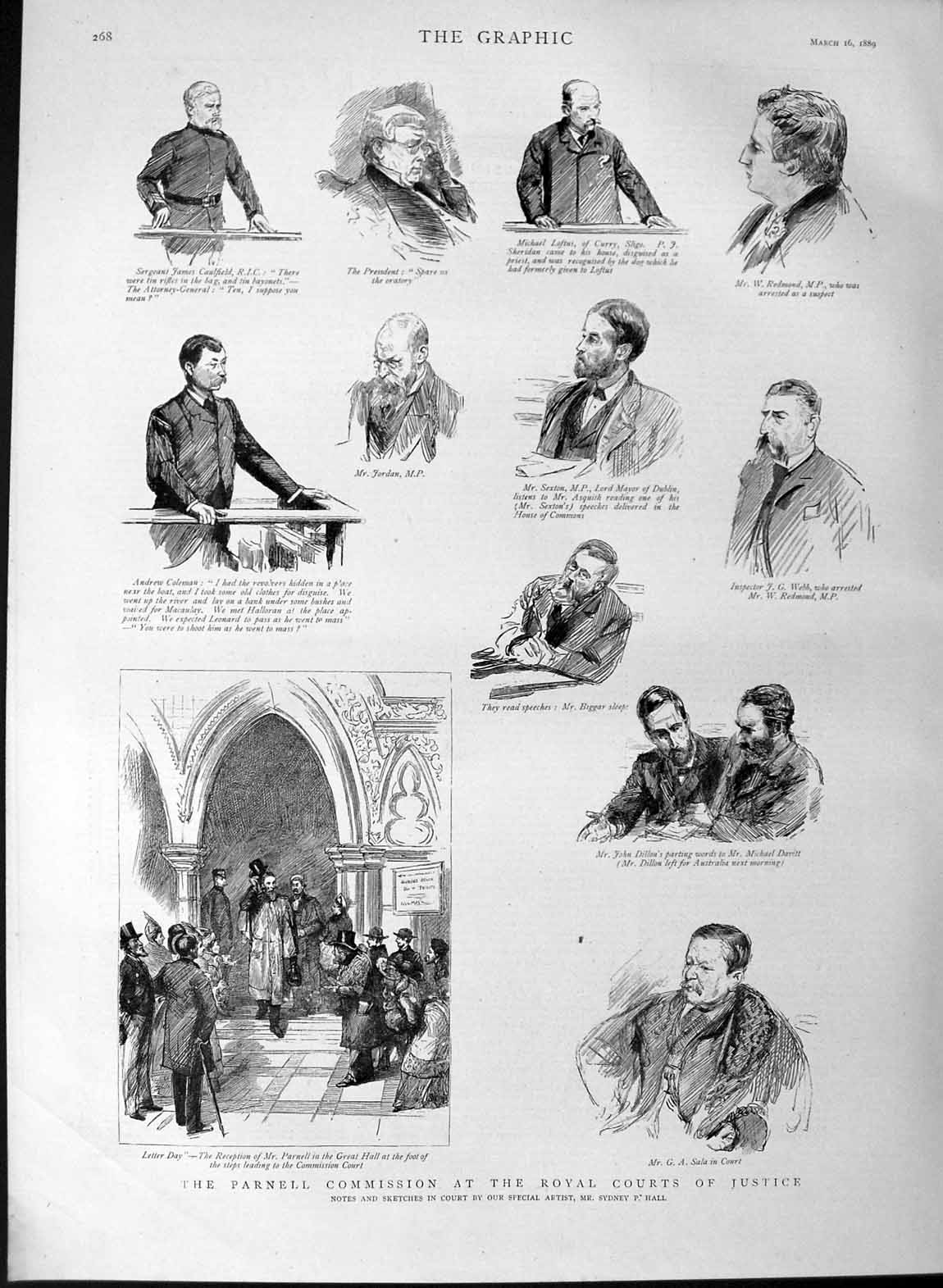 Original Old Antique Print 1889 Parnell Commission Royal Courts Justice Coleman