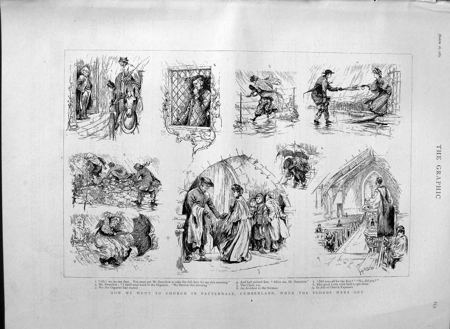 Old Antique Print 1889 Floods Patterdale Cumberland Scene Visiting Church 19th