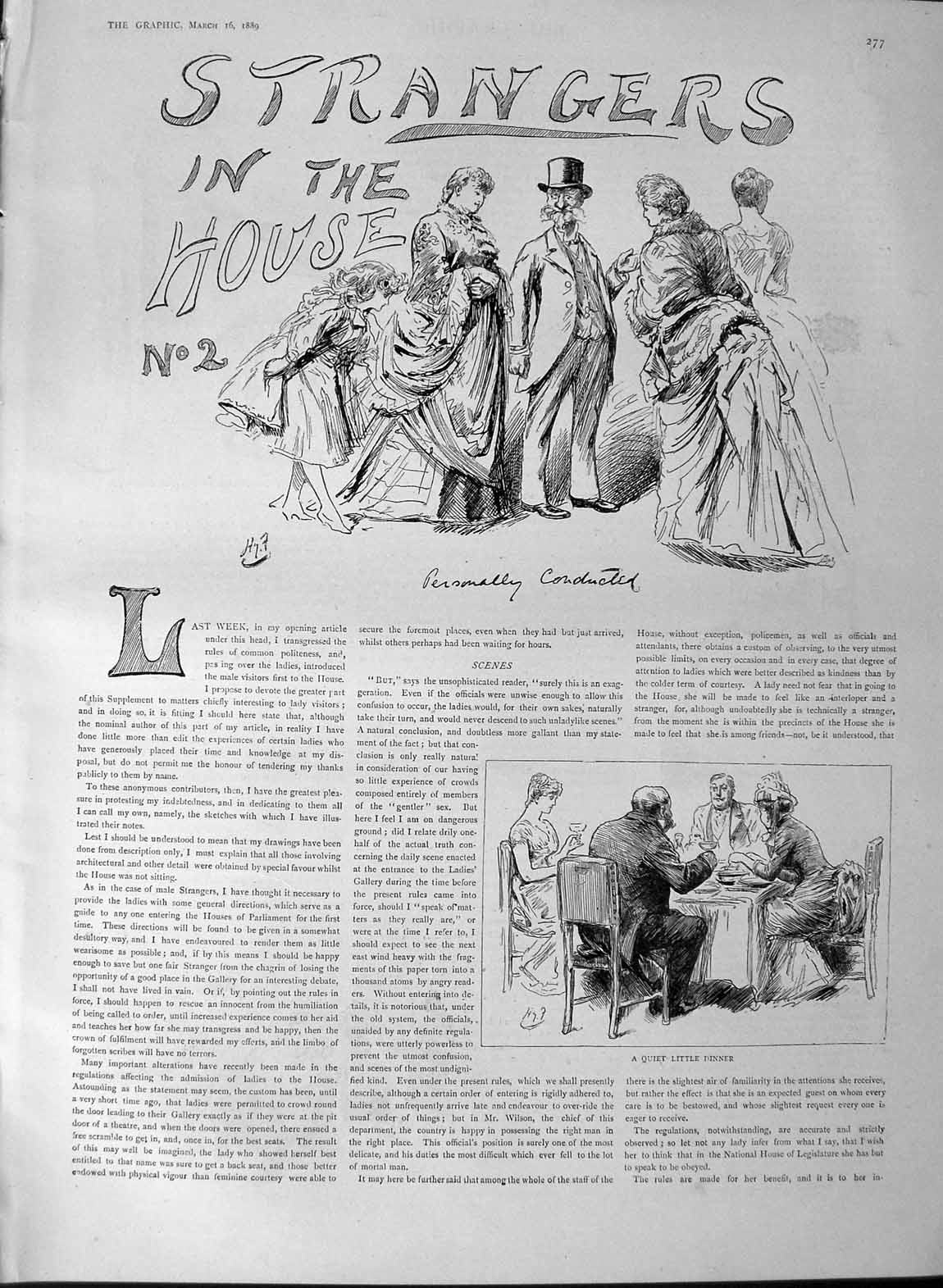 Original Old Antique Print 1889 Story Theatre Strangers In The House Ladies