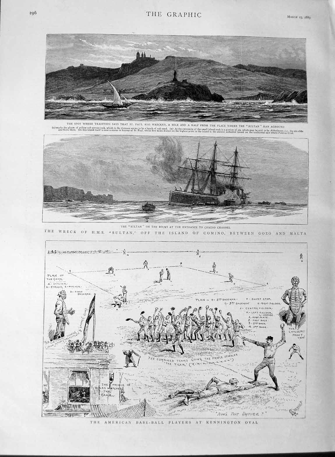 Original Old Antique Print 1889 American Baseball Kennington Ship Sultan 19th