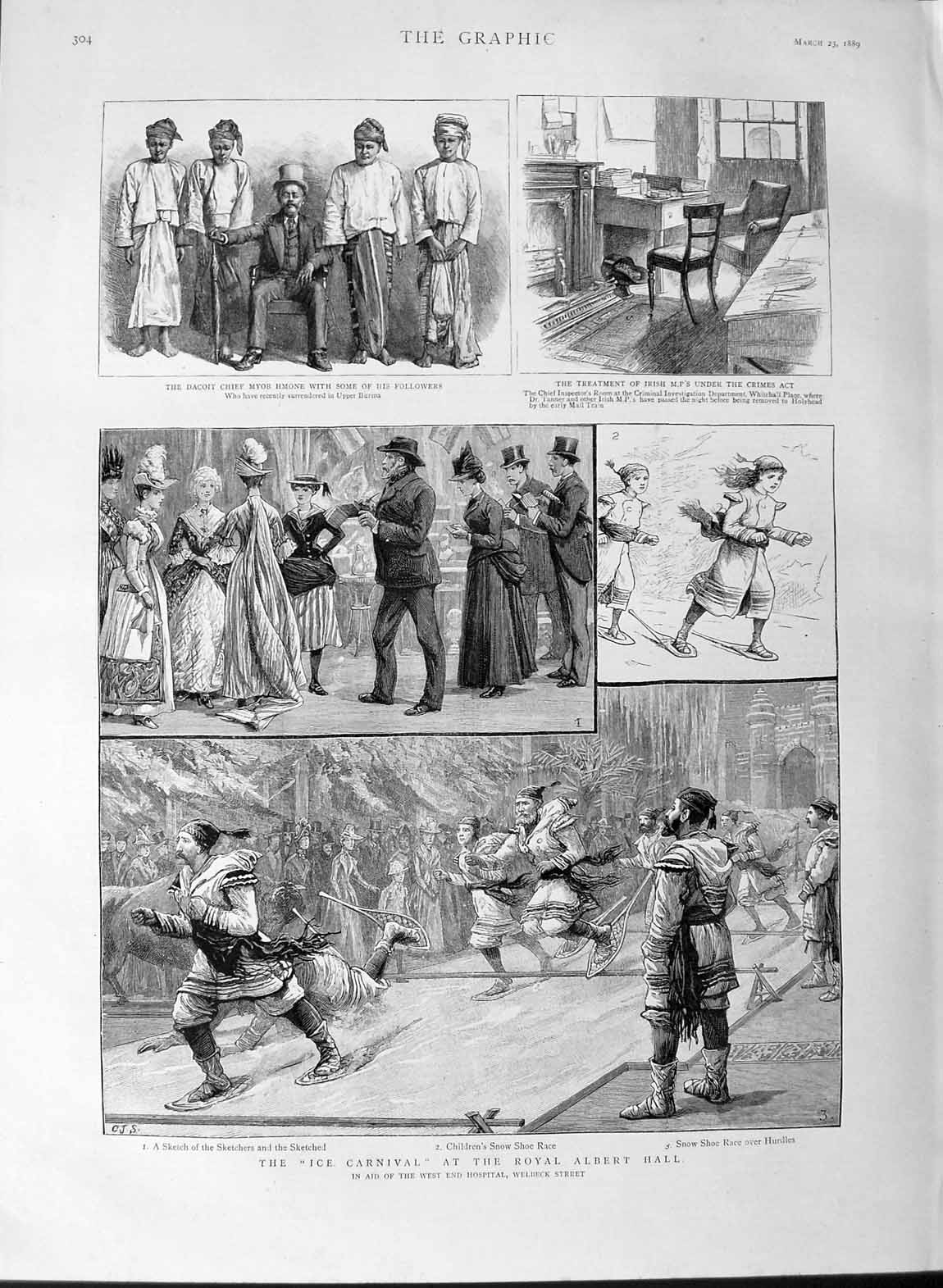 Old Antique Print 1889 Ice Carnival Royal Albert Hall Dacoit Chief Myob 19th
