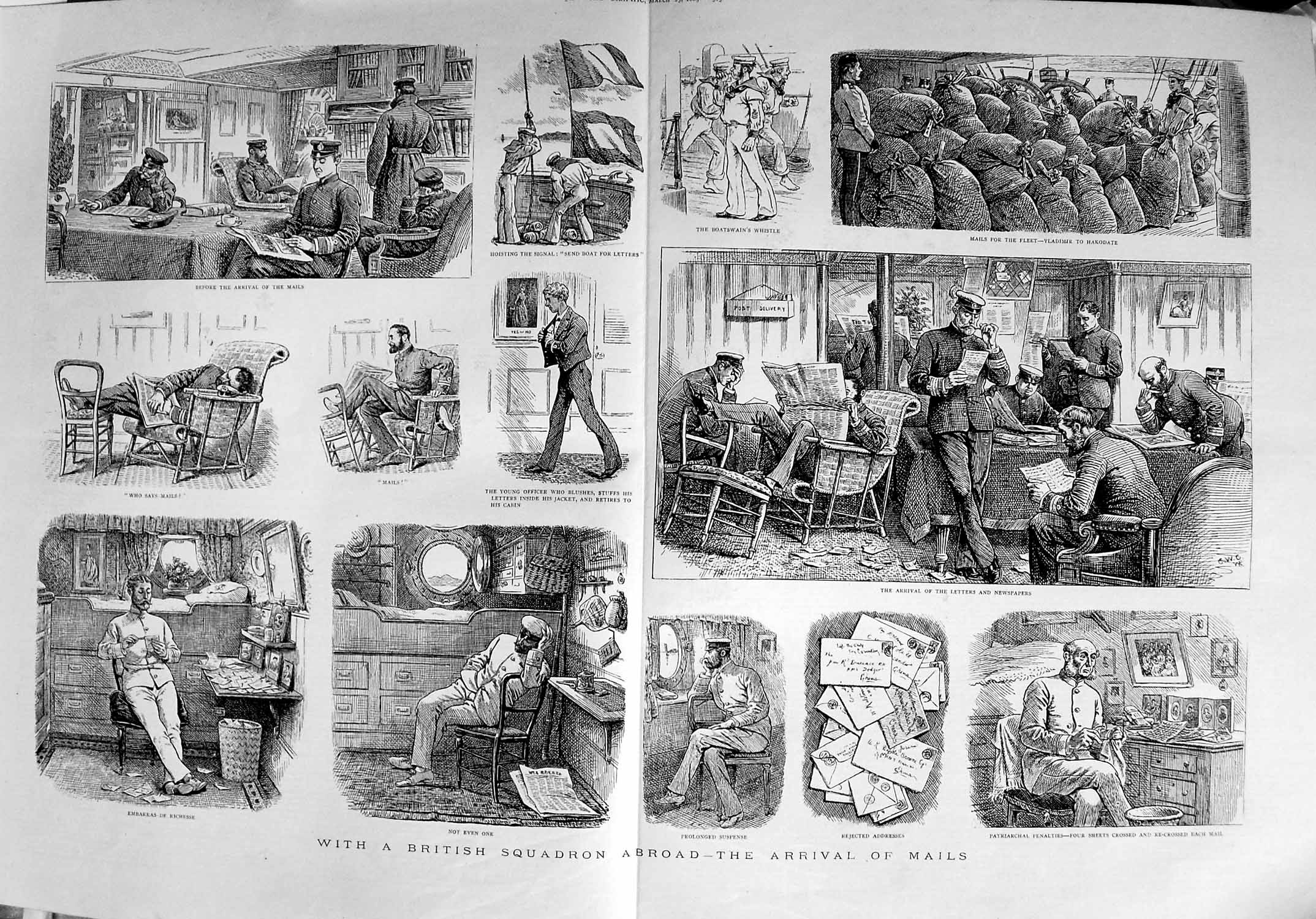 Old Antique Print 1889 British Squadron Ship War Mail Letters Newspapers 19th