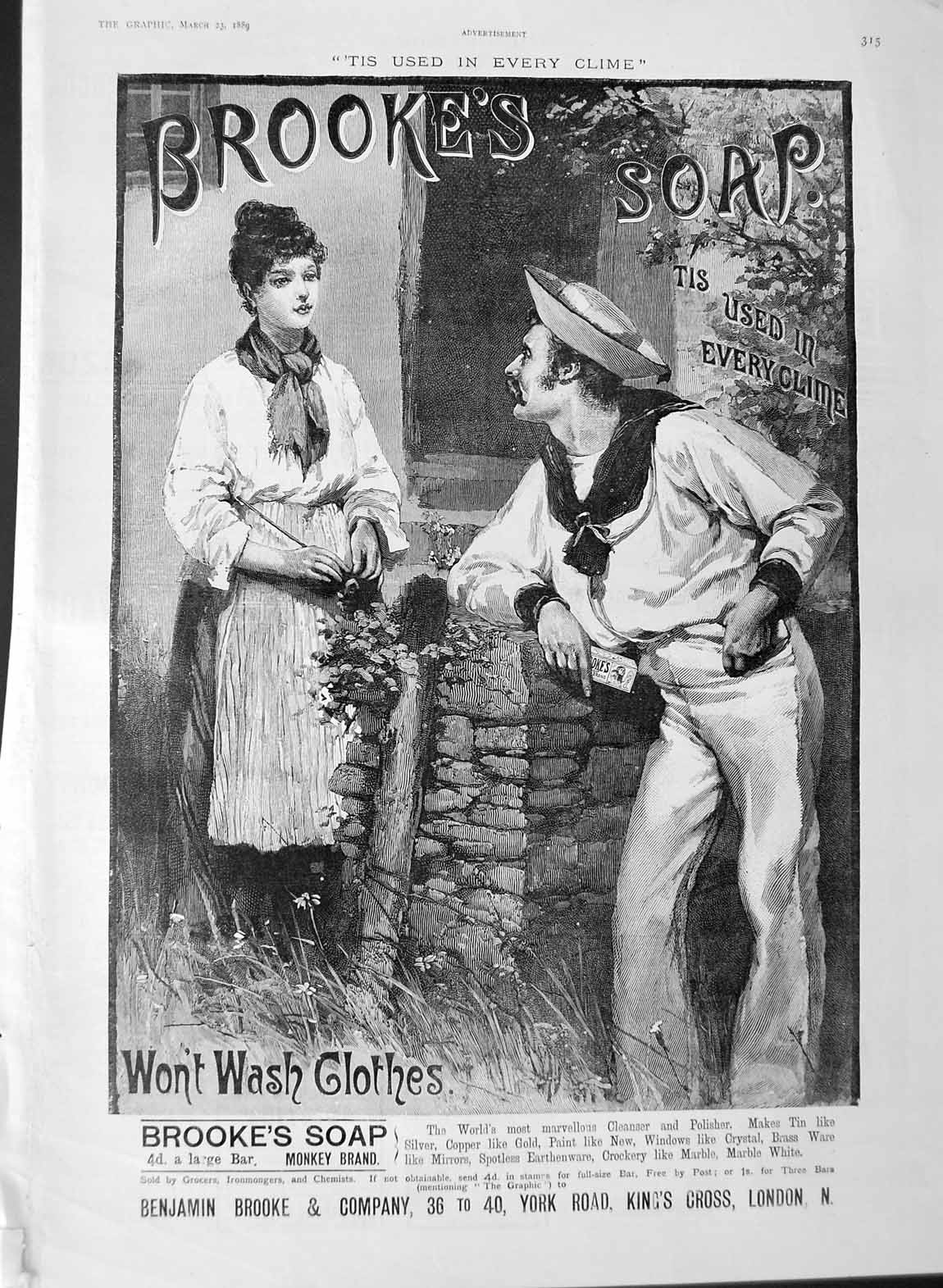 Original Old Antique Print 1889 Advertisement Benjamin Brooke'S Soap London