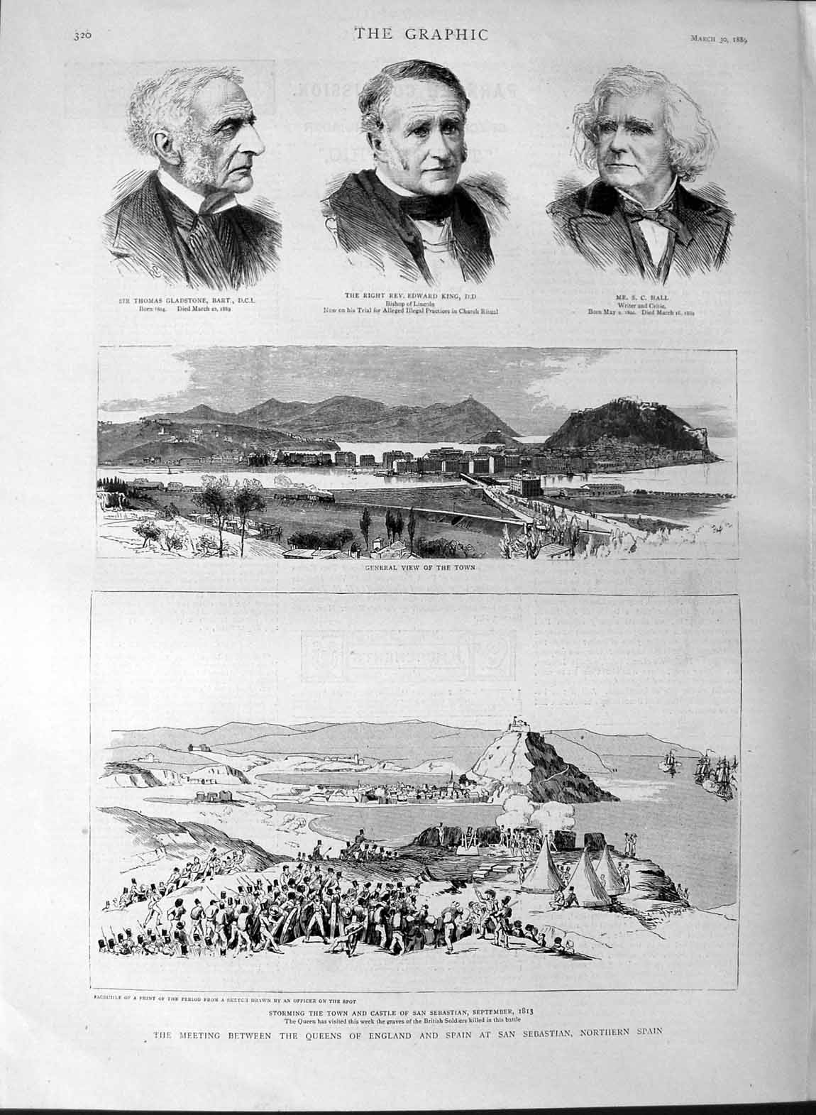 Old Antique Print 1889 Gladstone King Hall Castle San Sbastian Spain War 19th