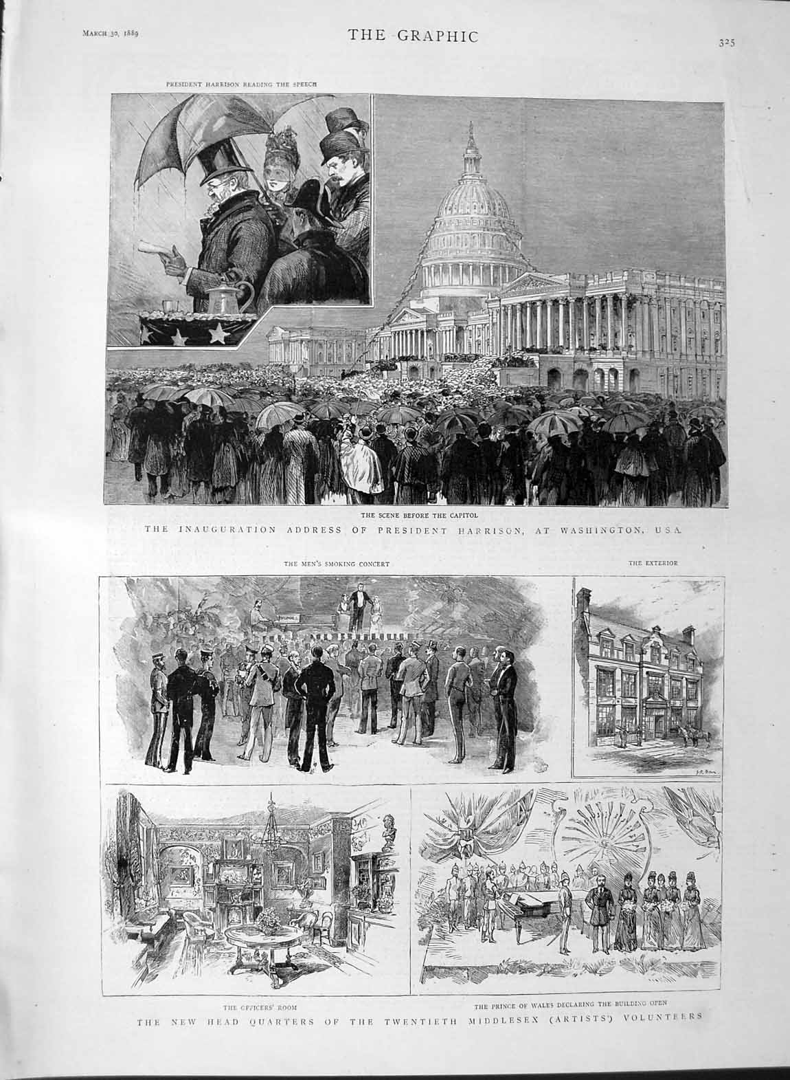 Original Old Antique Print 1889 President Harrison Washington Prince Wales Army