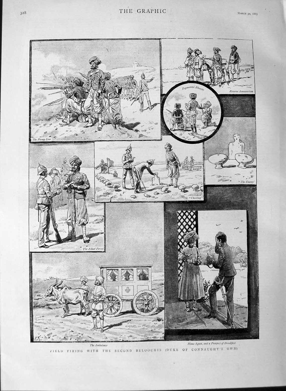 Original Old Antique Print 1889 Field Firing Beloochis Duke Connaught Ambulance
