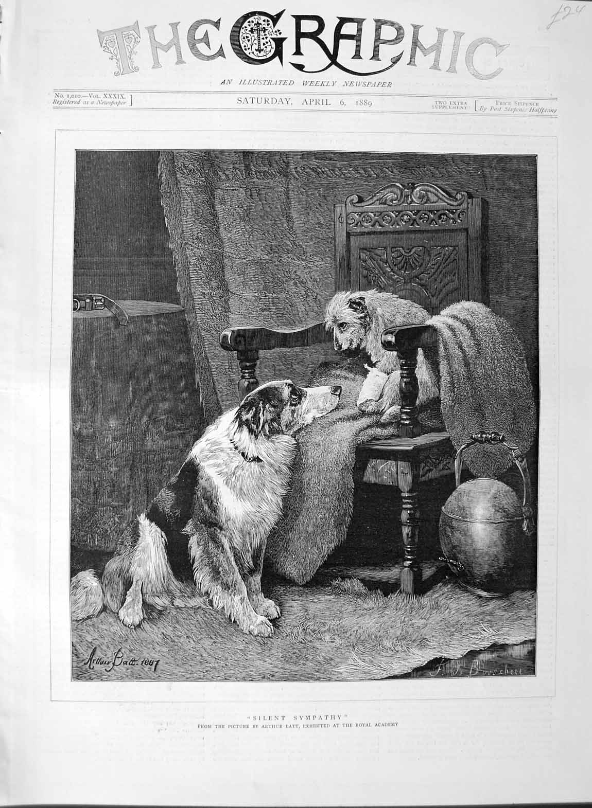Original Old Antique Print 1889 Arthur Batt Fine Art Injured Puppy Dog Animals