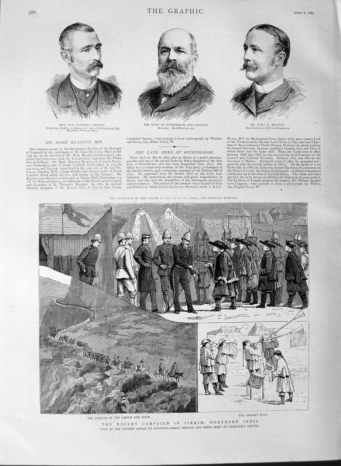 Original Old Antique Print 1889 Sikkim India Ambah Dawnay Chandos Beau Victorian