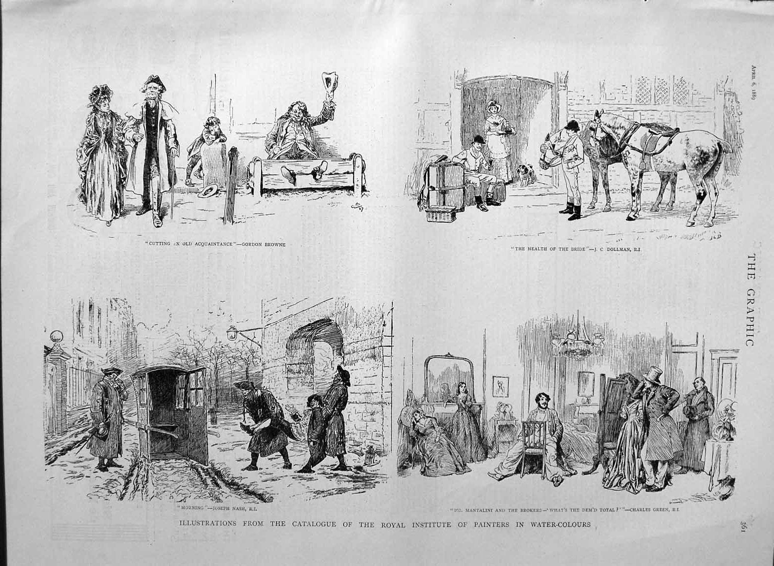 Original Old Antique Print 1889 Art Water Colours Green Nash Dollman Browne