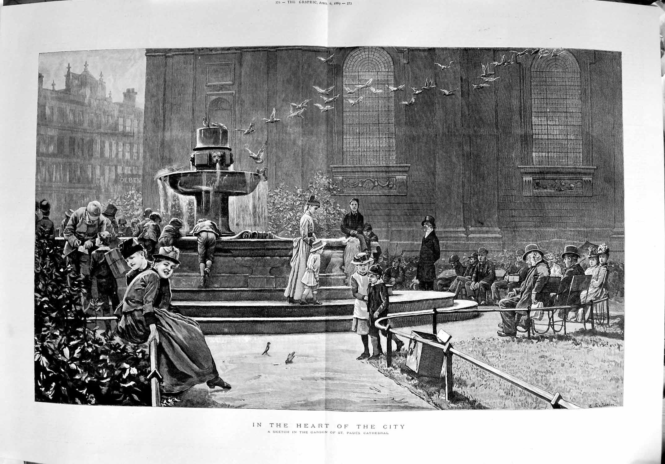 Old Antique Print 1889 Scene Garden St. Paul'S Cathedral London Fine Art 19th