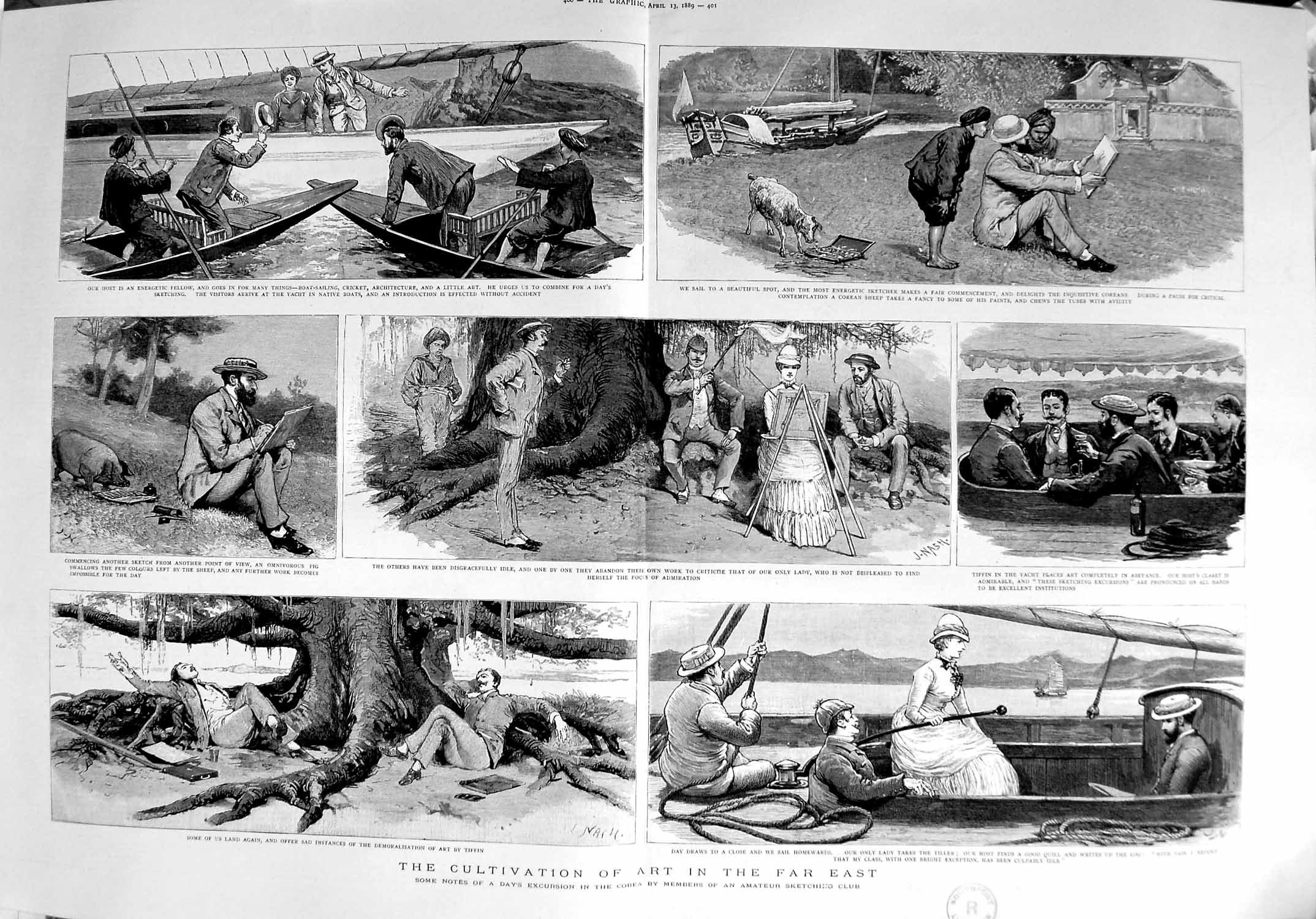 Original Old Antique Print 1889 River Boats Corea Amateur Sketchi 19th