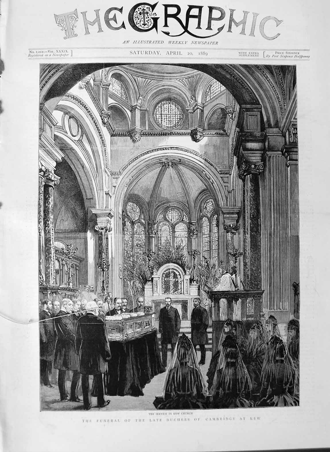 Original Old Antique Print 1889 Funeral Duchess Cambridge Kew Church Service