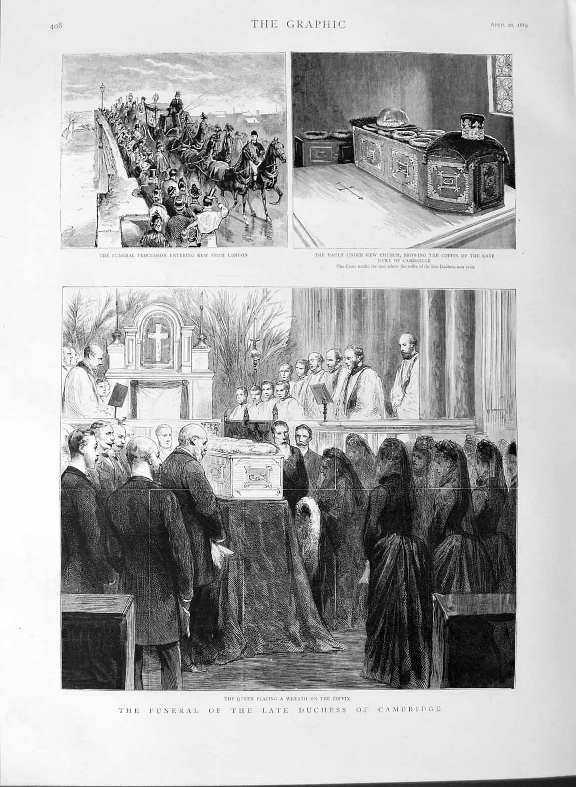 Old Antique Print 1889 Funeral Duchess Cambridge Kew London Vault Coffin 19th