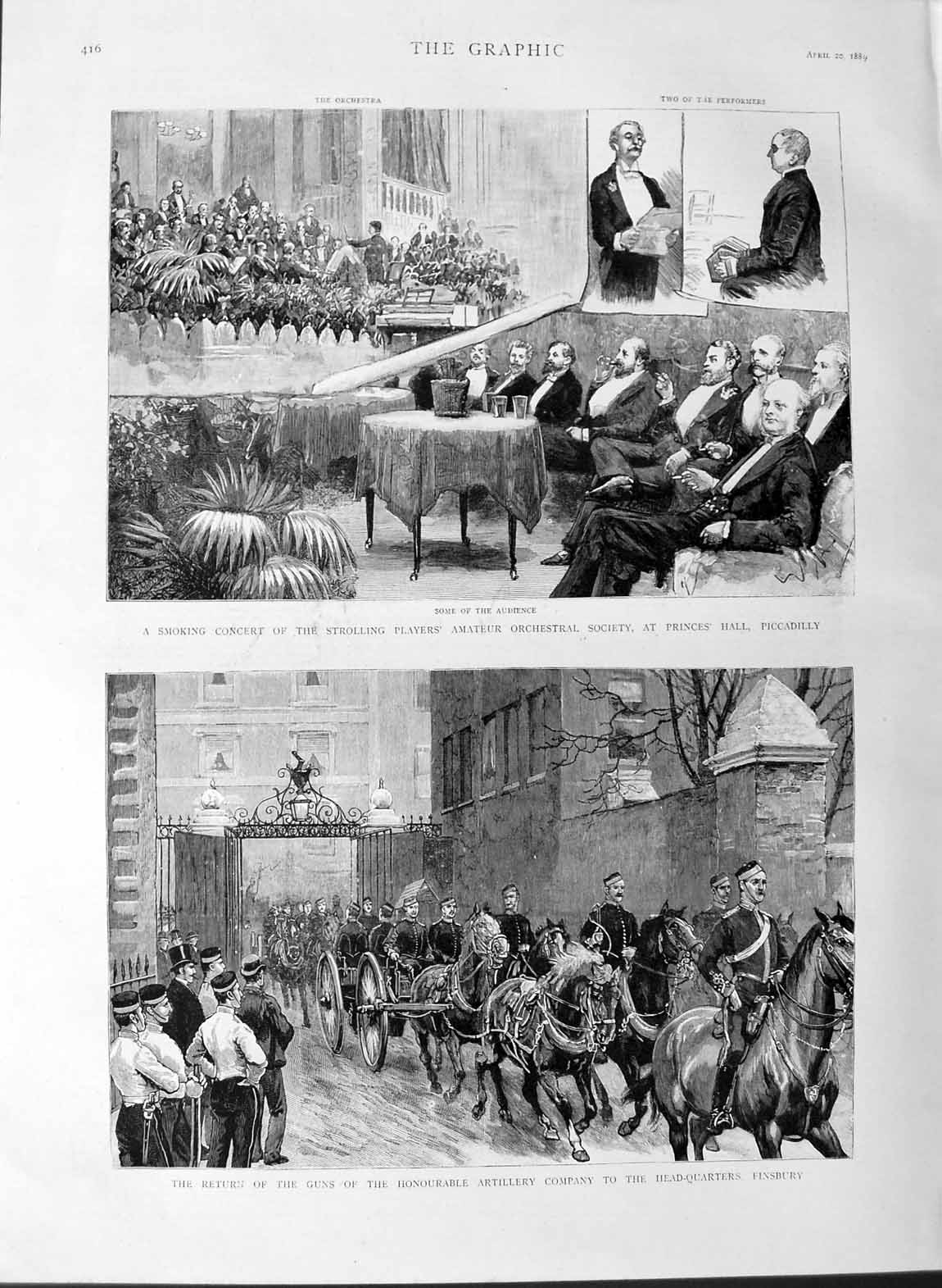 Original Old Antique Print 1889 Smoking Concert Piccadilly Artillery Finsb 19th