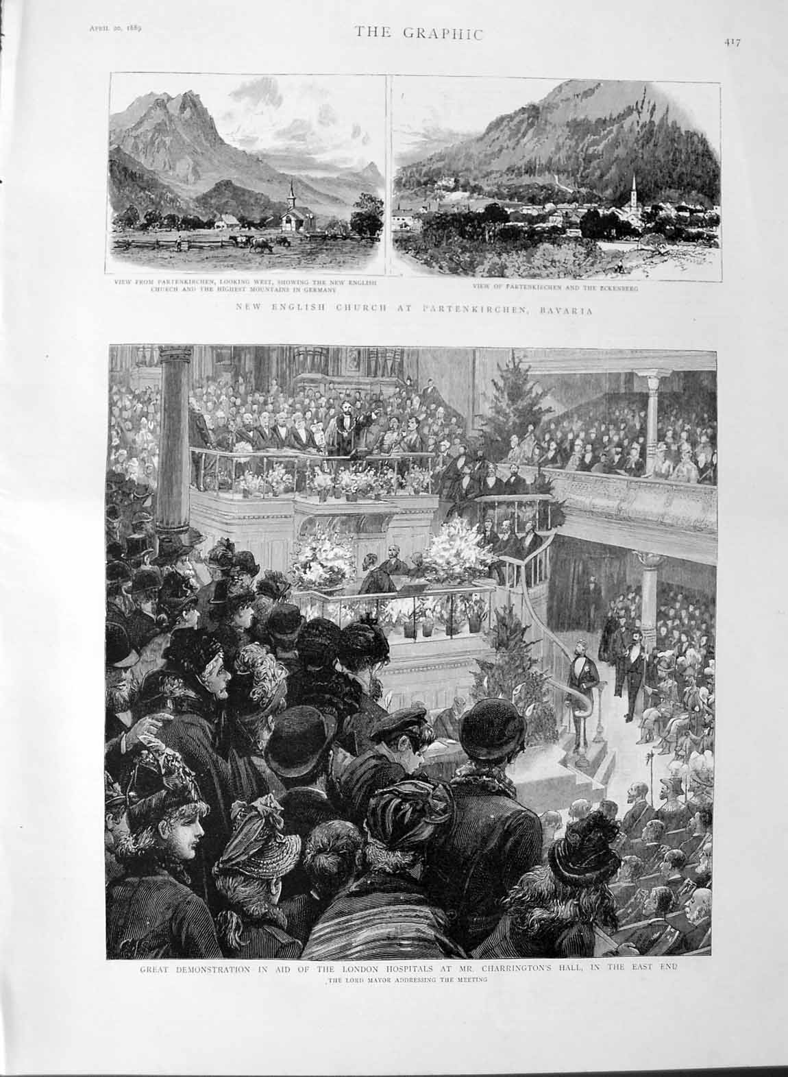 Old Antique Print 1889 English Church Bavaria Charrington Hall Lord Mayor 19th