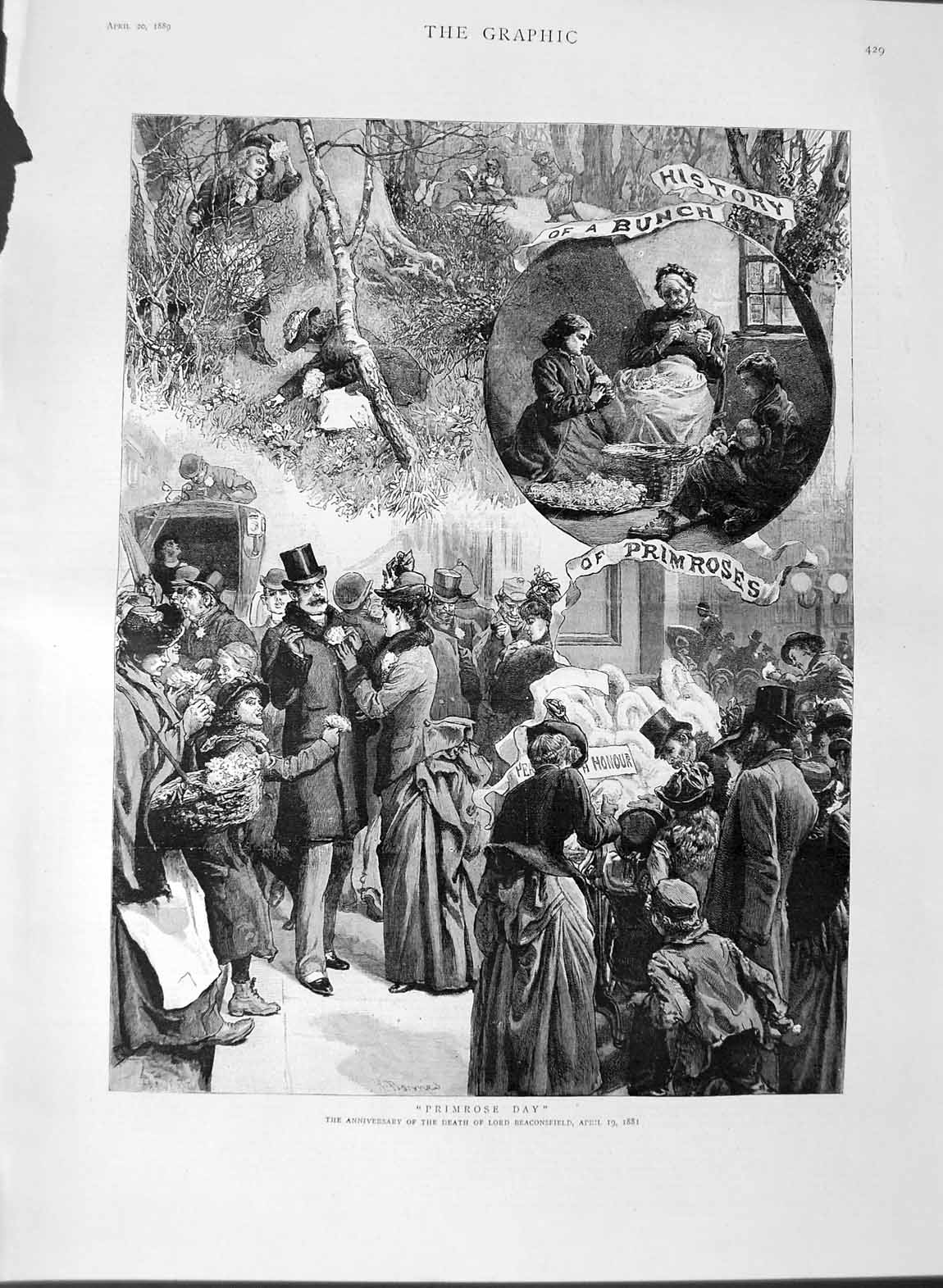 Old Antique Print 1889 Primrose Day Anniversary Death Lord Beaconsfield 19th