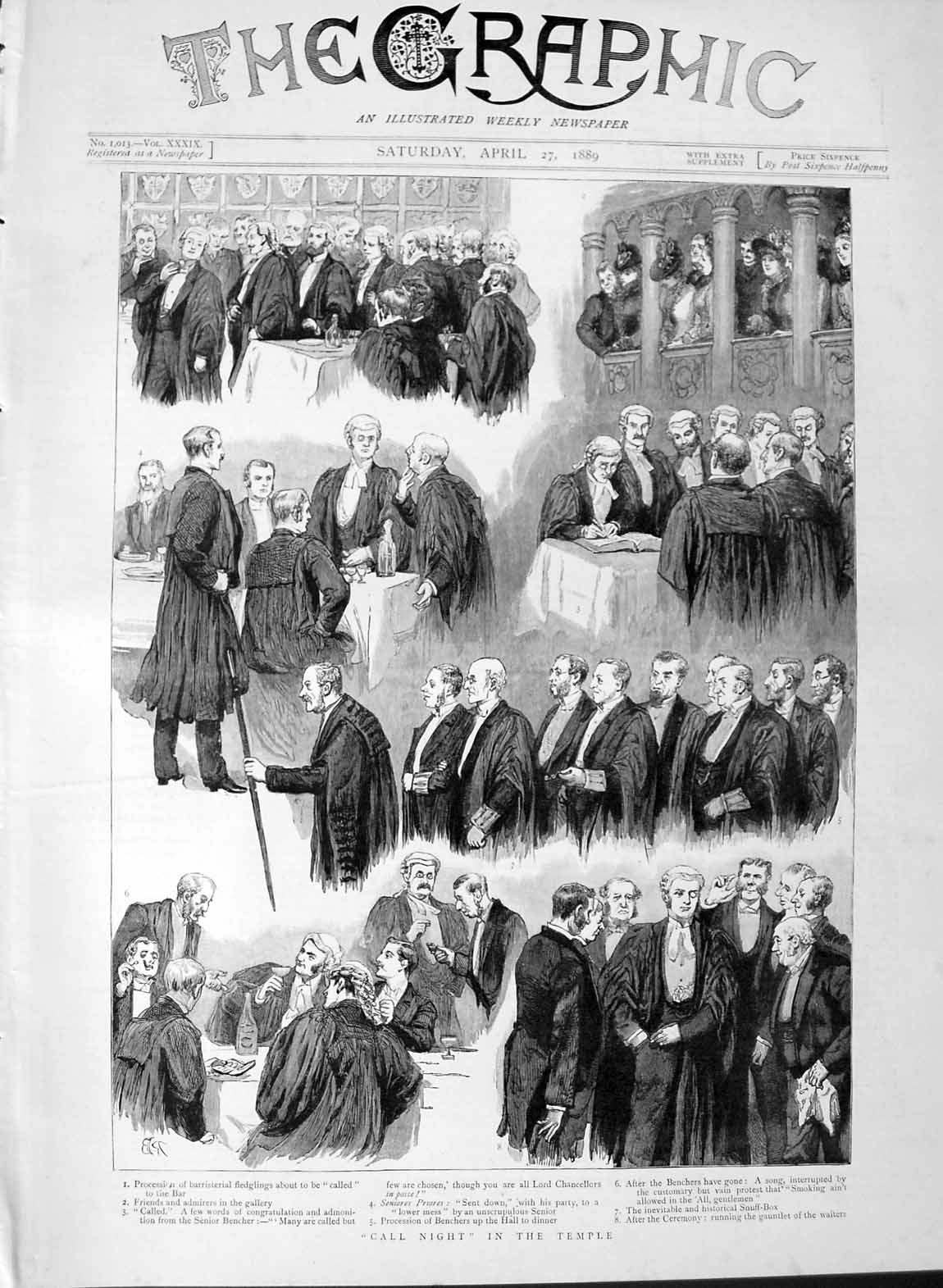Original Old Antique Print 1889 Call Night Temple Barristers Lord Chancello 19th